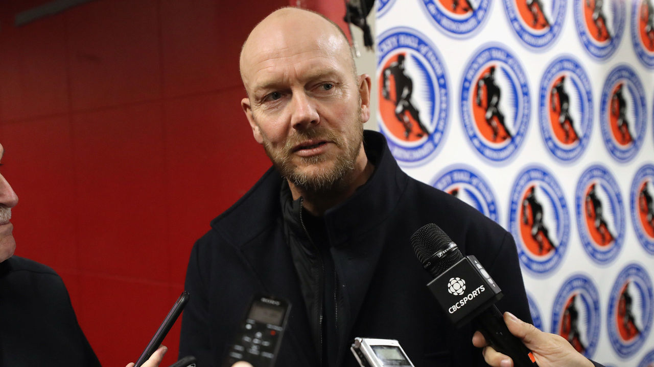 TORONTO, ONTARIO - NOVEMBER 17: Mats Sundin speaks with the media prior to the Legends Classic game at Scotiabank Arena on November 17, 2019 in Toronto, Ontario, Canada.