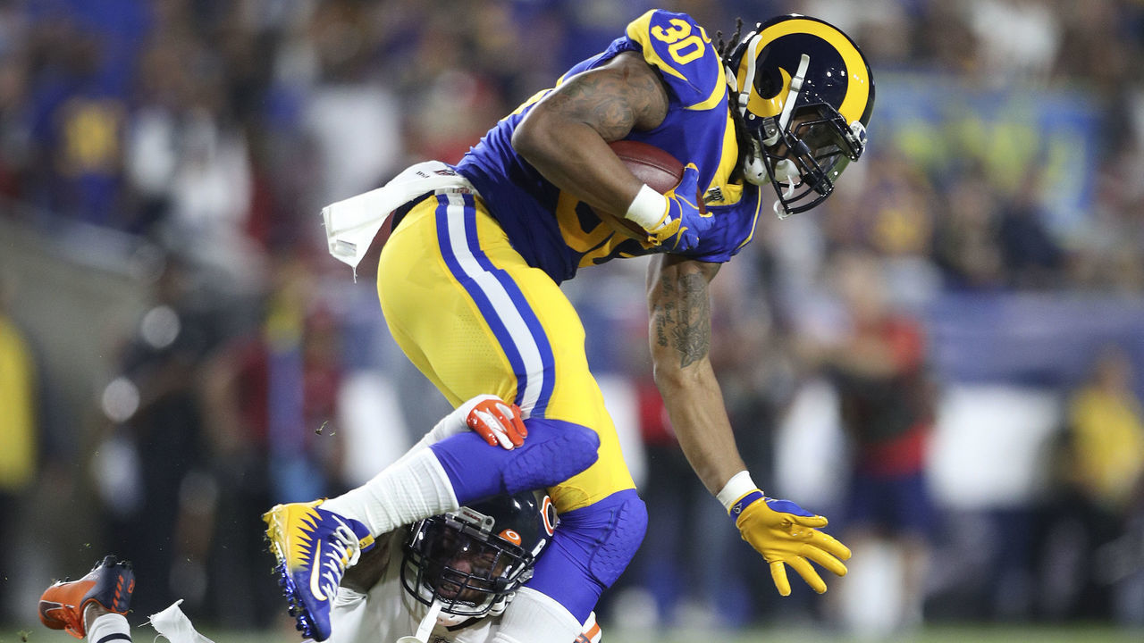 LOS ANGELES, CALIFORNIA - NOVEMBER 17: Running back Todd Gurley #30 of the Los Angeles Rams is tackled by strong safety Ha Ha Clinton-Dix #21 of the Chicago Bears in the first quarter at Los Angeles Memorial Coliseum on November 17, 2019 in Los Angeles, California.