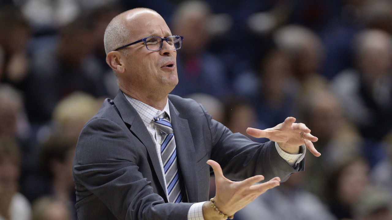 STORRS, CT - NOVEMBER 08: Connecticut Huskies head coach Dan Hurley reacts to a call during the game as the Sacred Heart Pioneers take on the UConn Huskies on November 8, 2019, at Gampel Pavilion in Storrs, Connecticut.
