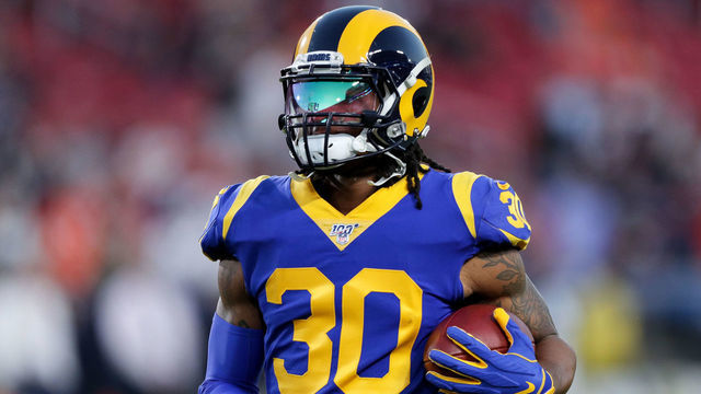 LOS ANGELES, CALIFORNIA - NOVEMBER 17: Todd Gurley II #30 of the Los Angeles Rams warms up before a game against the Chicago Bears at Los Angeles Memorial Coliseum on November 17, 2019 in Los Angeles, California.