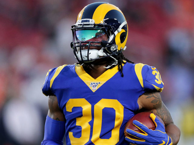 LOS ANGELES, CALIFORNIA - NOVEMBER 17: Todd Gurley II #30 of the Los Angeles Rams warms up before a game against the Chicago Bears at Los Angeles Memorial Coliseum on November 17, 2019 in Los Angeles, California.