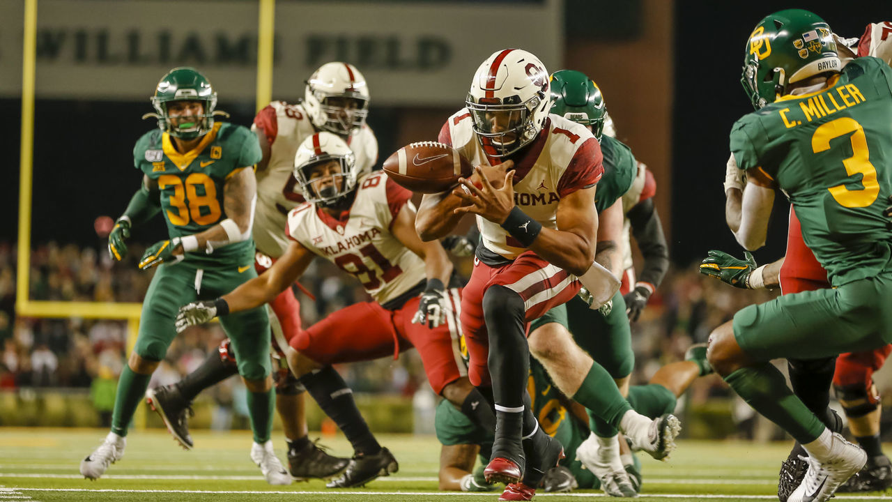 WACO, TX - NOVEMBER 16: Oklahoma Sooners quarterback Jalen Hurts (1) rushes towards the end zone and fumbles the football during the game between the Baylor Bears and the Oklahoma Sooners on November 16, 2019 at McLane Stadium in Waco, Texas.