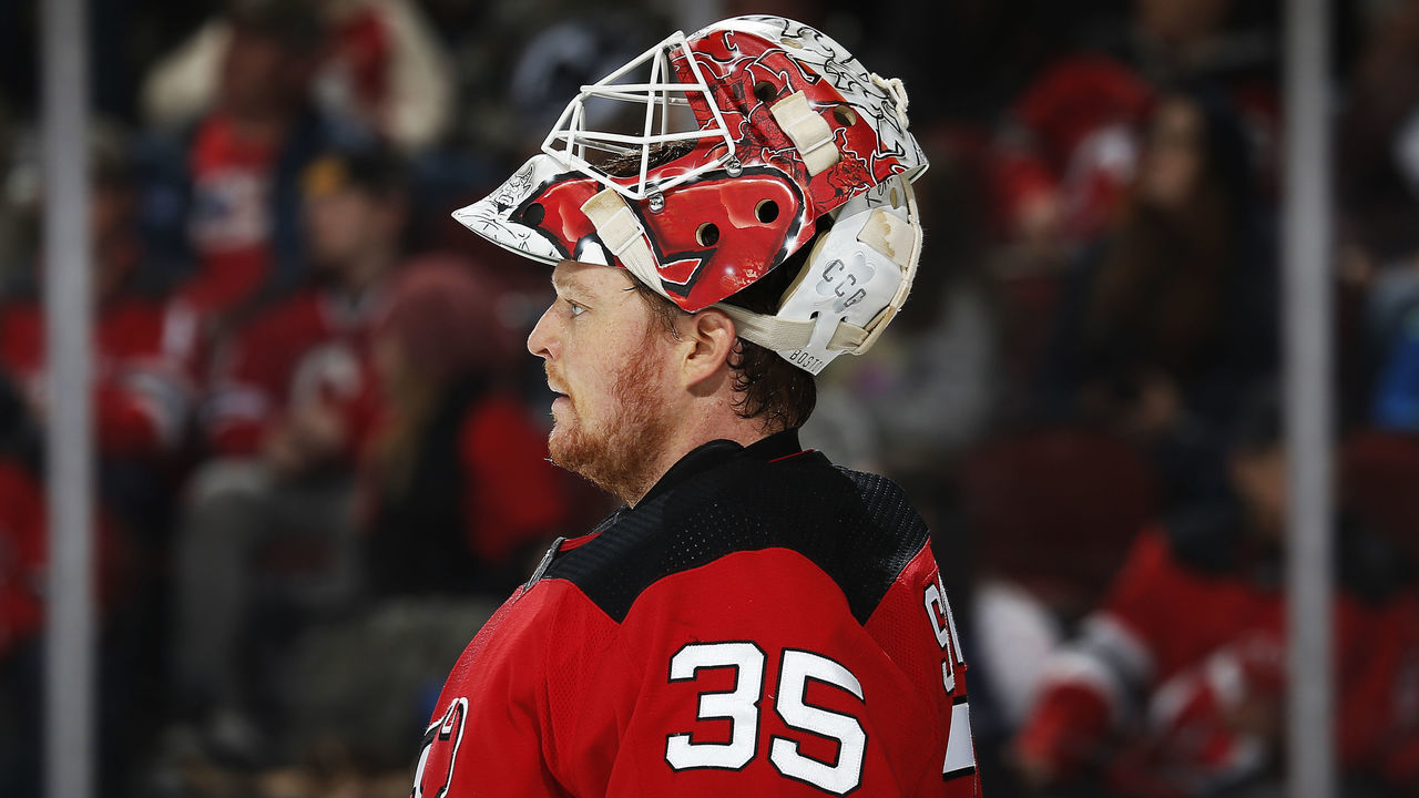 NEWARK, NJ - OCTOBER 30: Cory Schneider #35 of the New Jersey Devils looks on against the Tampa Bay Lightning during the game at the Prudential Center on October 30, 2019 in Newark, New Jersey. "n"n"n
