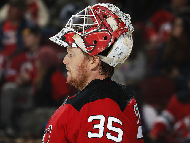 NEWARK, NJ - OCTOBER 30: Cory Schneider #35 of the New Jersey Devils looks on against the Tampa Bay Lightning during the game at the Prudential Center on October 30, 2019 in Newark, New Jersey. "n"n"n
