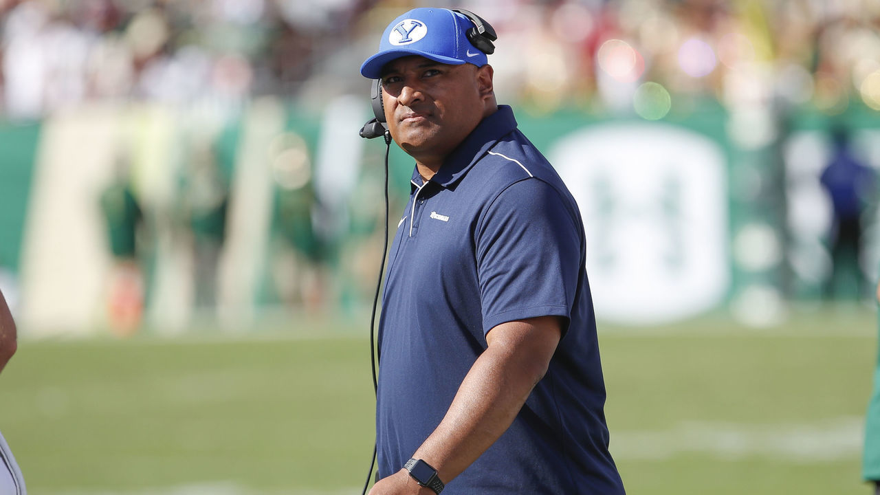 TAMPA, FL - OCTOBER 12: Brigham Young Cougars head coach Kalani Sitake during the college football game between the Brigham Young Cougars and South Florida Bulls on October 12, 2019 at Raymond James Stadium in Tampa, FL.