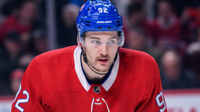 MONTREAL, QC - NOVEMBER 12: Jonathan Drouin (92) of the Montreal Canadiens looks on during the first period of the NHL game between the Columbus Blue Jackets and the Montreal Canadiens on November 12, 2019, at the Bell Centre in Montreal, QC Photo by Vincent Ethier/Icon Sportswire via Getty Images)