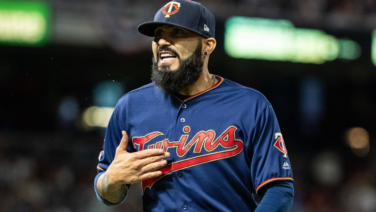MINNEAPOLIS, MN - OCTOBER 07: Sergio Romo #54 of the Minnesota Twins celebrates against the New York Yankees on October 7, 2019 in game three of the American League Division Series at the Target Field in Minneapolis, Minnesota.