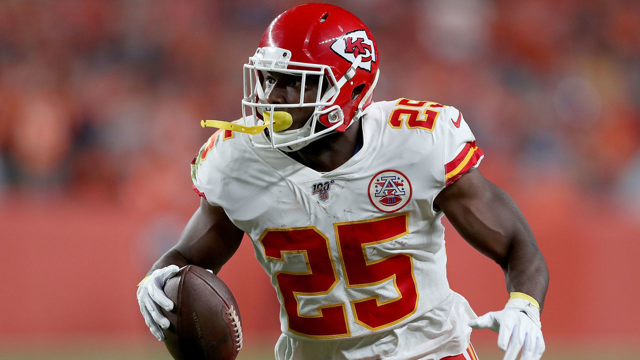DENVER, COLORADO - OCTOBER 17: Running back LeSean McCoy #25 of the Kansas City Chiefs runs against the defense of the Denver Broncos in the game at Broncos Stadium at Mile High on October 17, 2019 in Denver, Colorado.
