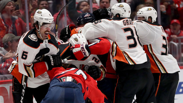 WASHINGTON, DC - NOVEMBER 18: Erik Gudbranson #6 of the Anaheim Ducks and Brendan Leipsic #28 of the Washington Capitals fight in the second period at Capital One Arena on November 18, 2019 in Washington, DC.