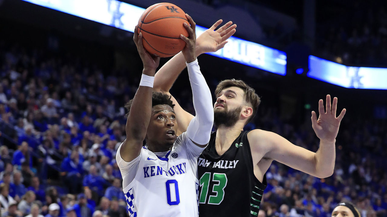 LEXINGTON, KENTUCKY - NOVEMBER 18: Ashton Hagans #0 of the Kentucky Wildcats shoots the ball against the Utah Valley Wolverines at Rupp Arena on November 18, 2019 in Lexington, Kentucky.