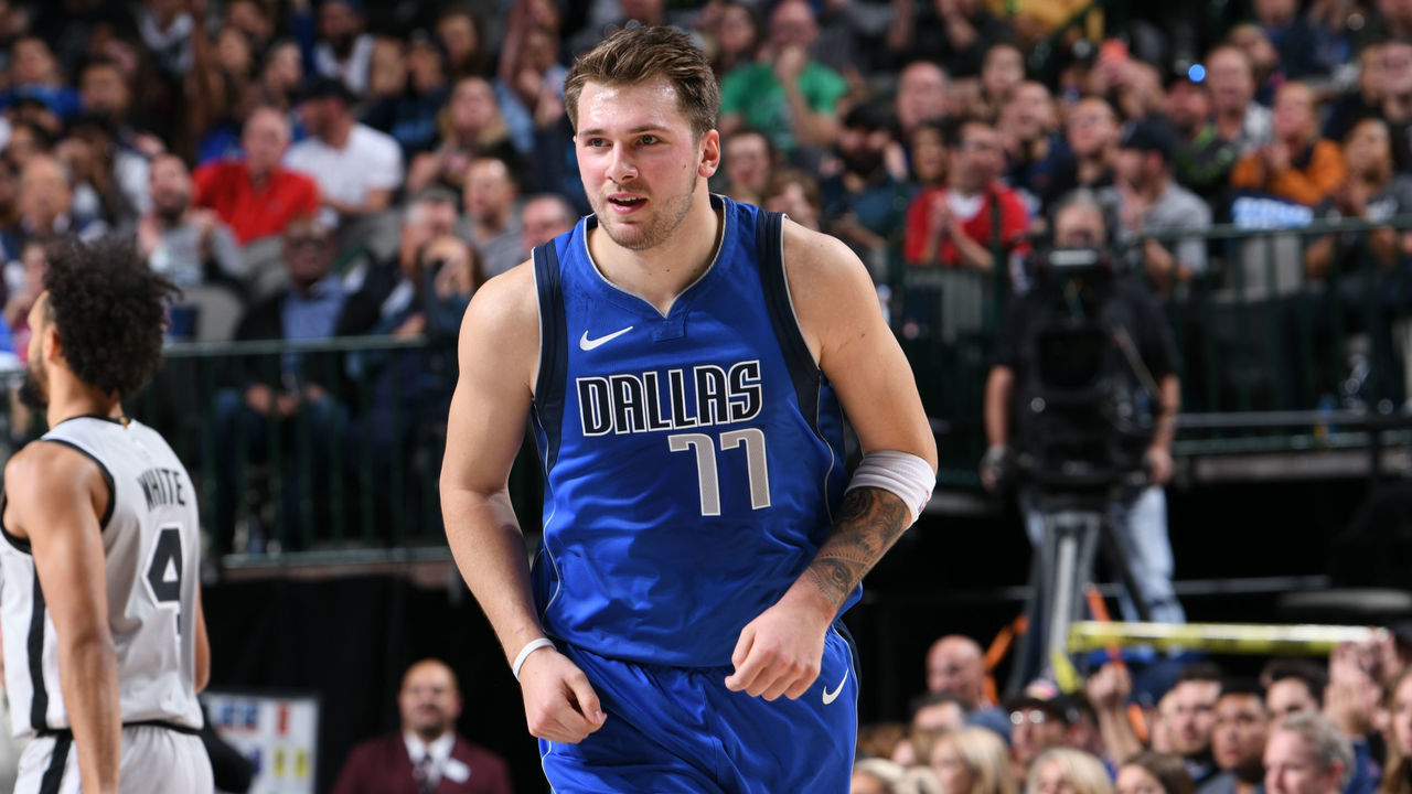 DALLAS, TX - NOVEMBER 18: Luka Doncic #77 of the Dallas Mavericks smiles during a game against the San Antonio Spurs on November 18, 2019 at the American Airlines Center in Dallas, Texas. Mandatory Copyright Notice: Copyright 2019 NBAE
