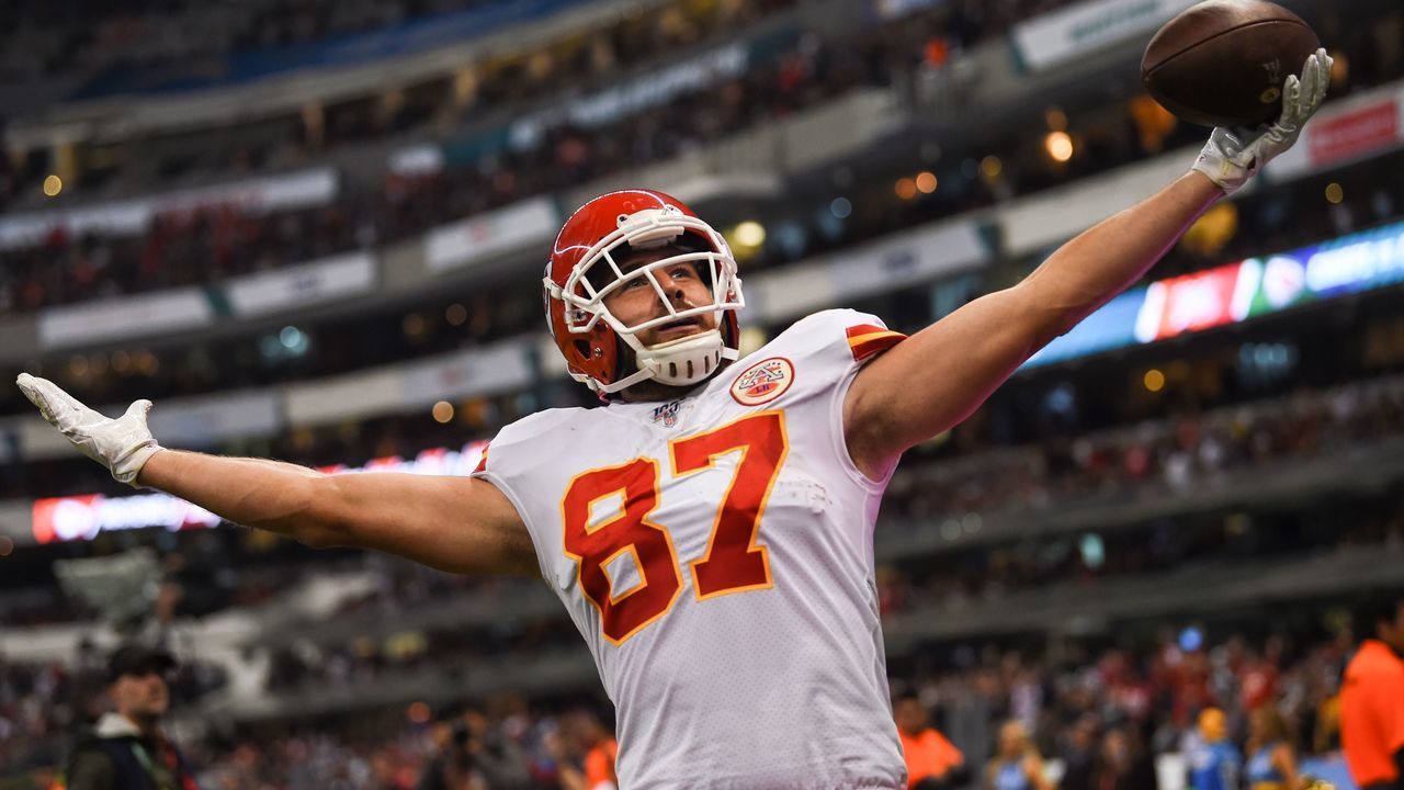 Kansas City Chiefs tight end Travis Kelce celebrates his touchdown during the 2019 NFL week 11 regular season football game between Kansas City Chiefs and Los Angeles Chargers on November 18, 2019, at the Azteca Stadium in Mexico City.