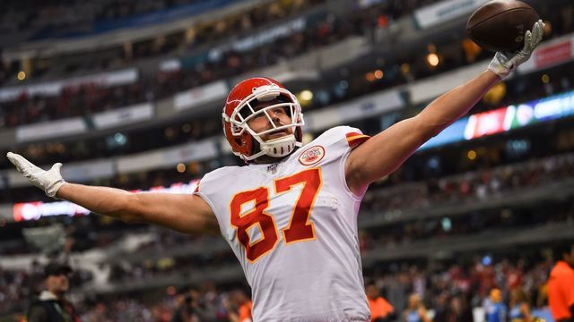 Kansas City Chiefs tight end Travis Kelce celebrates his touchdown during the 2019 NFL week 11 regular season football game between Kansas City Chiefs and Los Angeles Chargers on November 18, 2019, at the Azteca Stadium in Mexico City.
