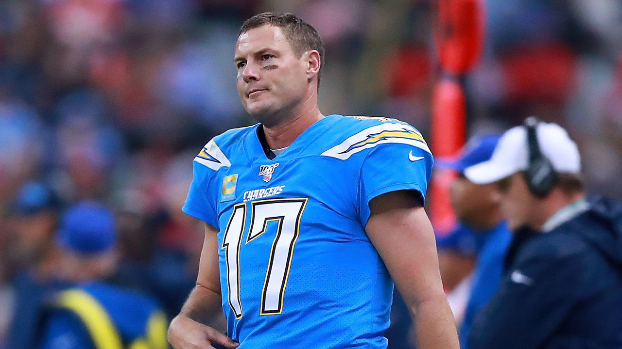MEXICO CITY, MEXICO - NOVEMBER 18: Quarterback Philip Rivers #17 of the Los Angeles Chargers looks on from the sidelines during the game against the Kansas City Chiefs at Estadio Azteca on November 18, 2019 in Mexico City, Mexico.