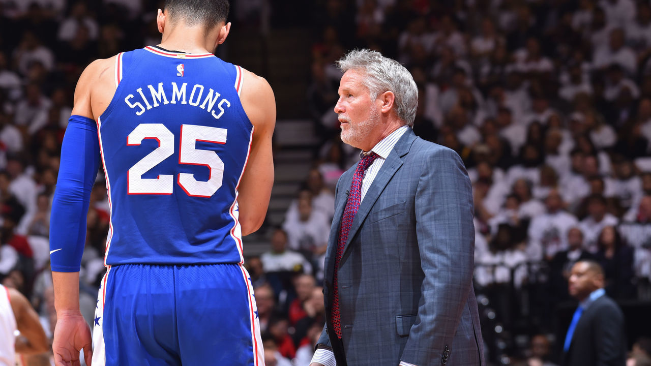 TORONTO, CANADA - MAY 7: Ben Simmons #25 of the Philadelphia 76ers and Head Coach Brett Brown of the Philadelphia 76ers talk during a game against the Toronto Raptors during Game Five of the Eastern Conference Semifinals on May 7, 2019 at the Scotiabank Arena in Toronto, Ontario, Canada. Mandatory Copyright Notice: Copyright 2019 NBAE