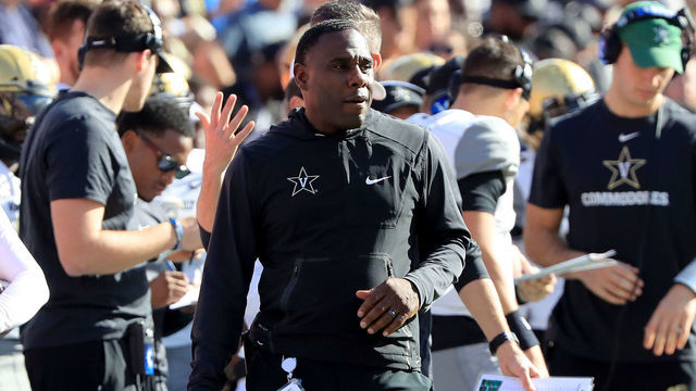 GAINESVILLE, FLORIDA - NOVEMBER 09: Head coach Derek Mason of the Vanderbilt Commodores watches the action during the game against the Florida Gators at Ben Hill Griffin Stadium on November 09, 2019 in Gainesville, Florida.