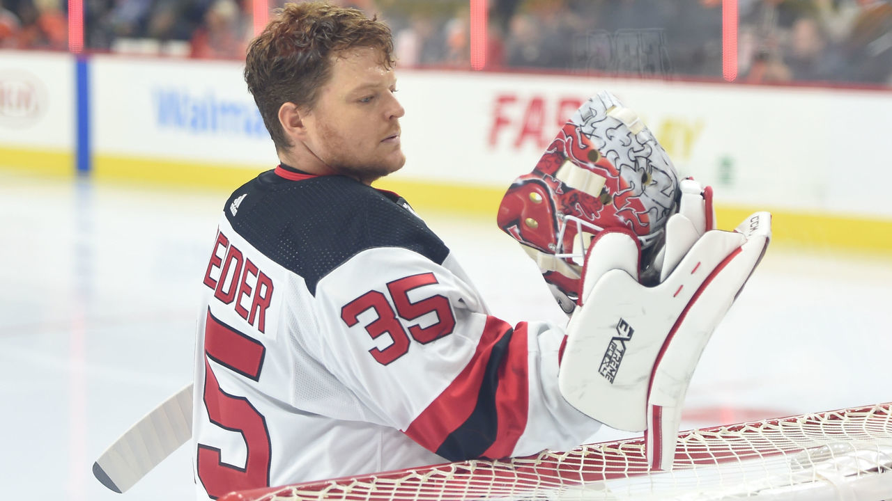 PHILADELPHIA, PA - OCTOBER 09: New Jersey Devils Goalie Cory Schneider (35) warms up during the game between the New Jersey Devils and the Philadelphia Flyers on October 9, 2019, at the Wells Fargo Center in Philadelphia, PA.