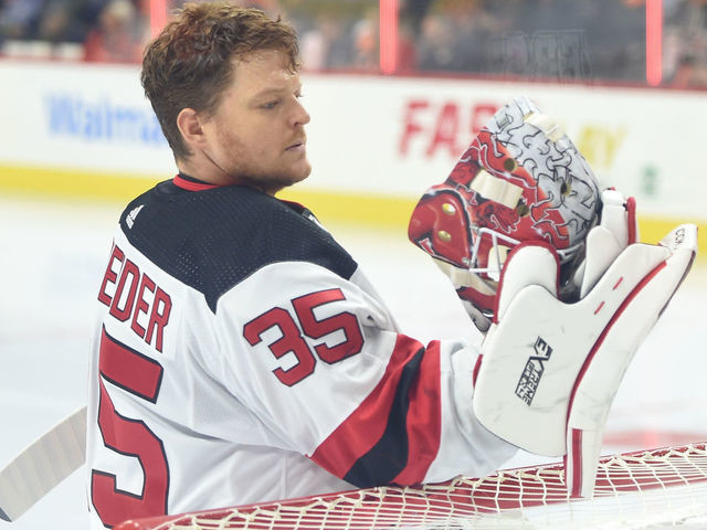 PHILADELPHIA, PA - OCTOBER 09: New Jersey Devils Goalie Cory Schneider (35) warms up during the game between the New Jersey Devils and the Philadelphia Flyers on October 9, 2019, at the Wells Fargo Center in Philadelphia, PA.