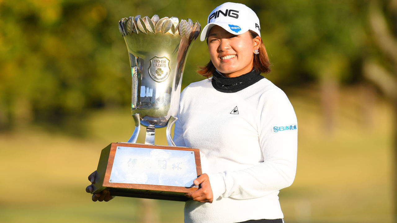 CHONAN, JAPAN - NOVEMBER 17: Ai Suzuki of Japan imitates selfie photographs after winning the tournament following the final round of the Ito-En Ladies at Great Island Club on November 17, 2019 in Chonan, Chiba, Japan.