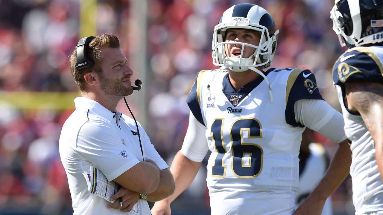 LOS ANGELES, CA - OCTOBER 13: Rams head coach Sean McVay and Los Angeles Rams Quarterback Jared Goff (16) react after being stopped at the goal line during an NFL game between the San Francisco 49ers and the Los Angeles Rams on October 13, 2019, at the Los Angeles Memorial Coliseum in Los Angeles, CA.