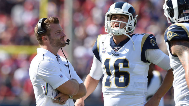 LOS ANGELES, CA - OCTOBER 13: Rams head coach Sean McVay and Los Angeles Rams Quarterback Jared Goff (16) react after being stopped at the goal line during an NFL game between the San Francisco 49ers and the Los Angeles Rams on October 13, 2019, at the Los Angeles Memorial Coliseum in Los Angeles, CA.
