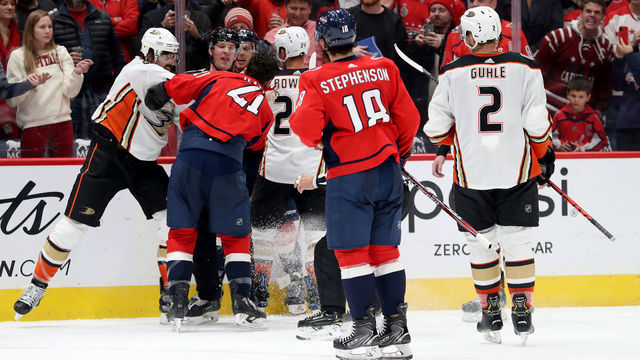 WASHINGTON, DC - NOVEMBER 18: Erik Gudbranson #6 of the Anaheim Ducks punches Garnet Hathaway #21 of the Washington Capitals in the second period at Capital One Arena on November 18, 2019 in Washington, DC.