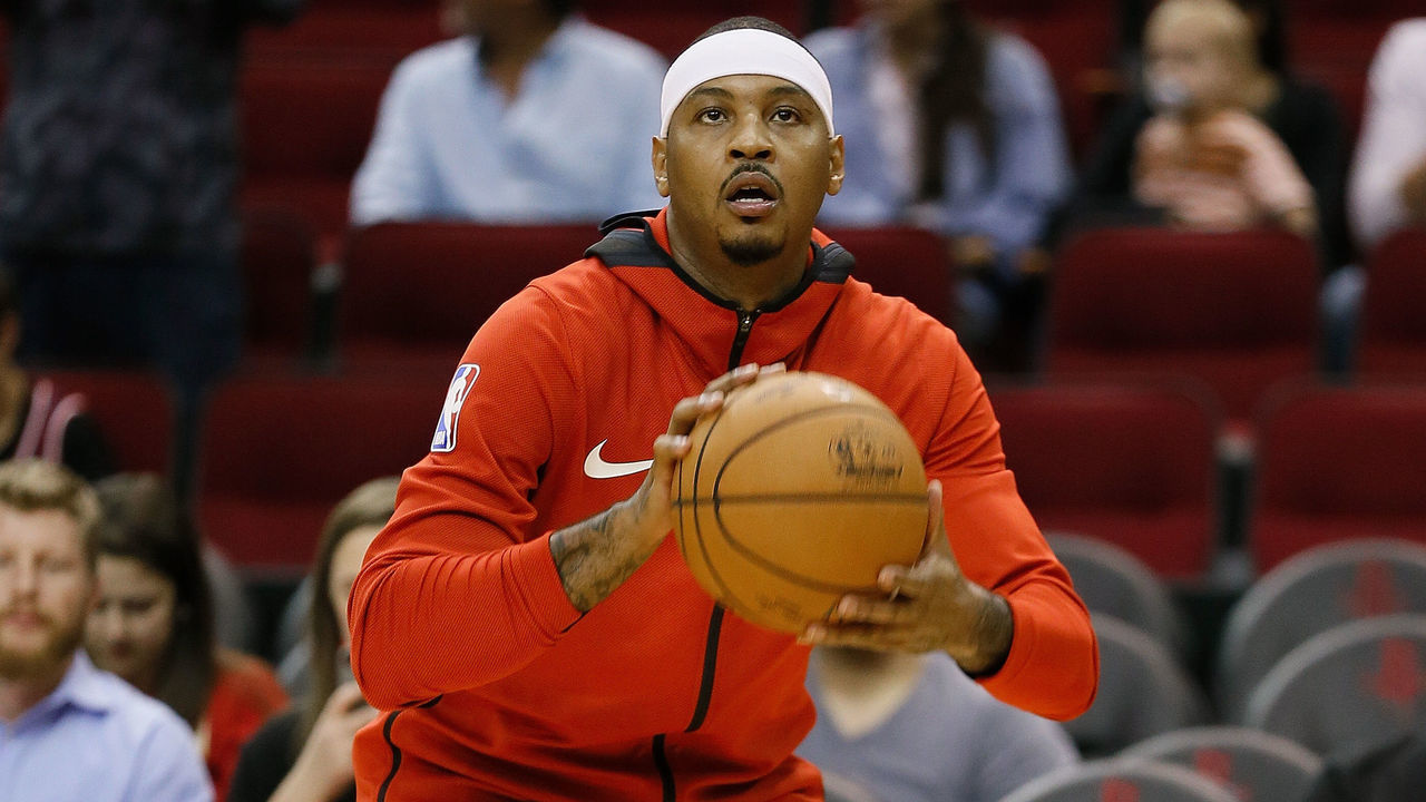 HOUSTON, TX - OCTOBER 04: Carmelo Anthony #7 of the Houston Rockets warms up before playing the Indiana Pacers at Toyota Center on October 4, 2018 in Houston, Texas.