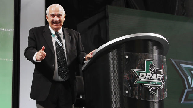 DALLAS, TX - JUNE 23: Jim Gregory of the NHL handles his final draft during the 2018 NHL Draft at American Airlines Center on June 23, 2018 in Dallas, Texas.