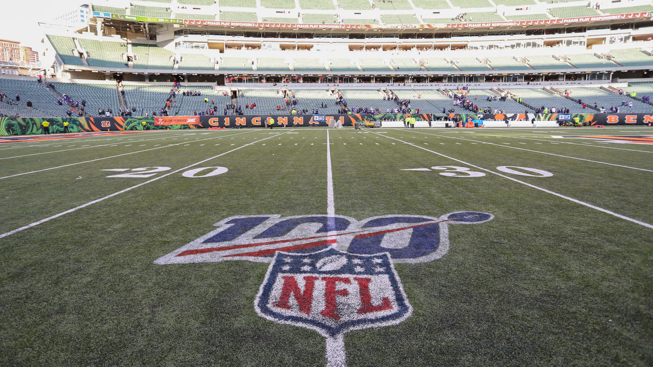CINCINNATI, OH - NOVEMBER 10: The NFL 100th year logo after the game against the Baltimore Ravens and the Cincinnati Bengals on November 10th 2019, at Paul Brown Stadium in Cincinnati, OH.