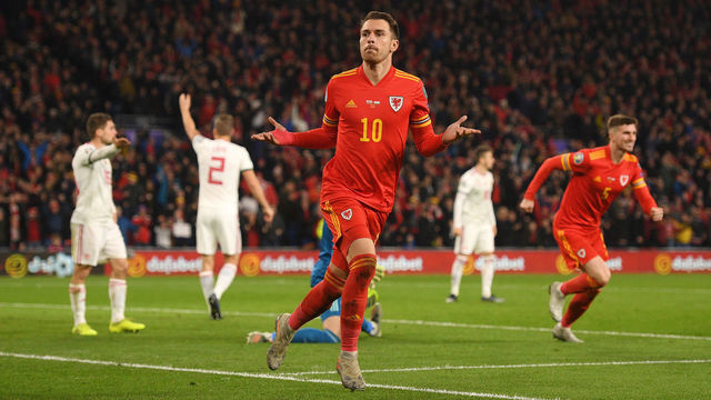 CARDIFF, WALES - NOVEMBER 19: Aaron Ramsey of Wales celebrates after he scores his sides second goal during the UEFA Euro 2020 qualifier between Wales and Hungary so at Cardiff City Stadium on November 19, 2019 in Cardiff, Wales.