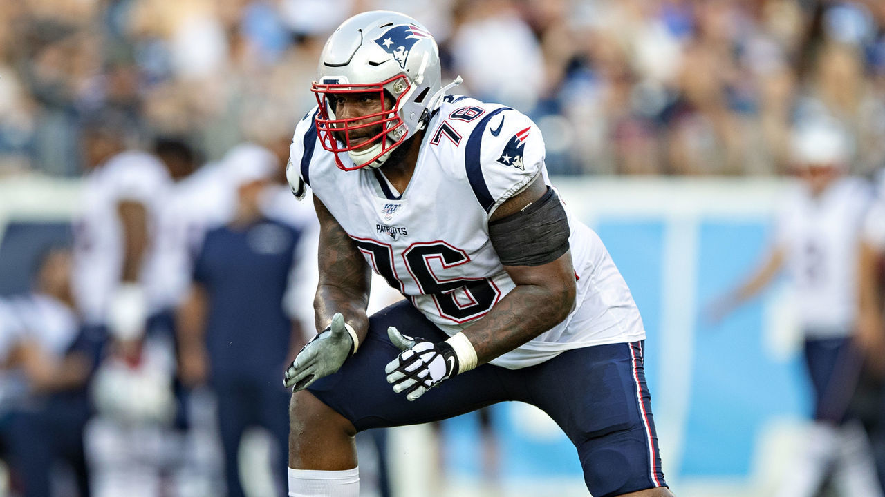 NASHVILLE, TN - AUGUST 17: Isaiah Wynn #76 of the New England Patriots drops back to block during a game against the Tennessee Titans during week two of the preseason at Nissan Stadium on August 17, 2019 in Nashville, Tennessee. The Patriots defeated the Titans 22-17.