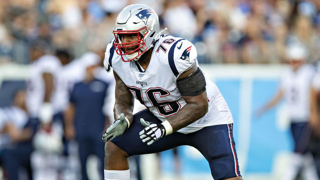 NASHVILLE, TN - AUGUST 17: Isaiah Wynn #76 of the New England Patriots drops back to block during a game against the Tennessee Titans during week two of the preseason at Nissan Stadium on August 17, 2019 in Nashville, Tennessee. The Patriots defeated the Titans 22-17.