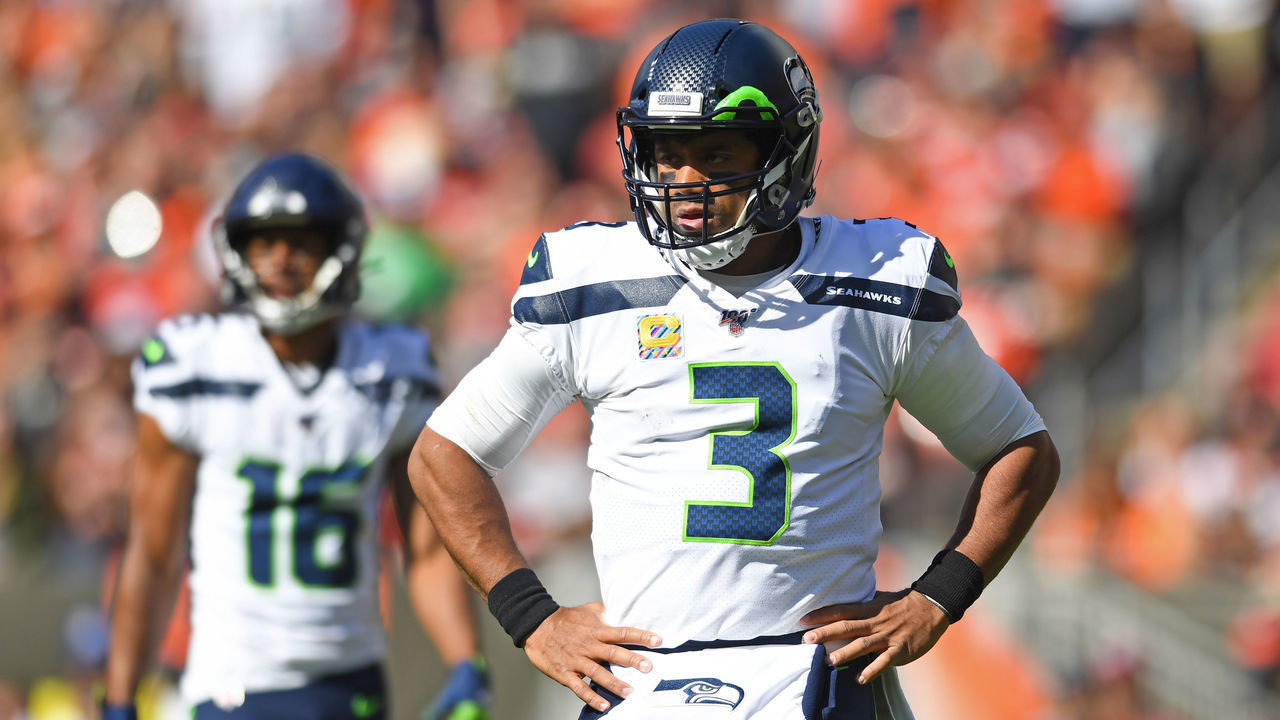 CLEVELAND, OH - OCTOBER 13, 2019: Quarterback Russell Wilson #3 of the Seattle Seahawks on the field in the second quarter of a game against the Cleveland Browns on October 13, 2019 at FirstEnergy Stadium in Cleveland, Ohio. Seattle won 32-28. (Photo by: 2019 Nick Cammett/Diamond Images via Getty Images)