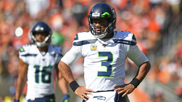 CLEVELAND, OH - OCTOBER 13, 2019: Quarterback Russell Wilson #3 of the Seattle Seahawks on the field in the second quarter of a game against the Cleveland Browns on October 13, 2019 at FirstEnergy Stadium in Cleveland, Ohio. Seattle won 32-28. (Photo by: 2019 Nick Cammett/Diamond Images via Getty Images)