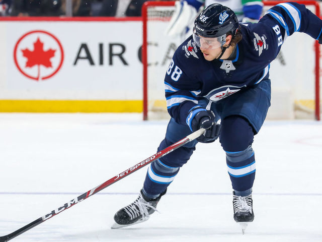 WINNIPEG, MB - NOVEMBER 8: Nathan Beaulieu #88 of the Winnipeg Jets follows the play down the ice during second period action against the Vancouver Canucks at the Bell MTS Place on November 8, 2019 in Winnipeg, Manitoba, Canada. The Jets defeated the Canucks 4-1.