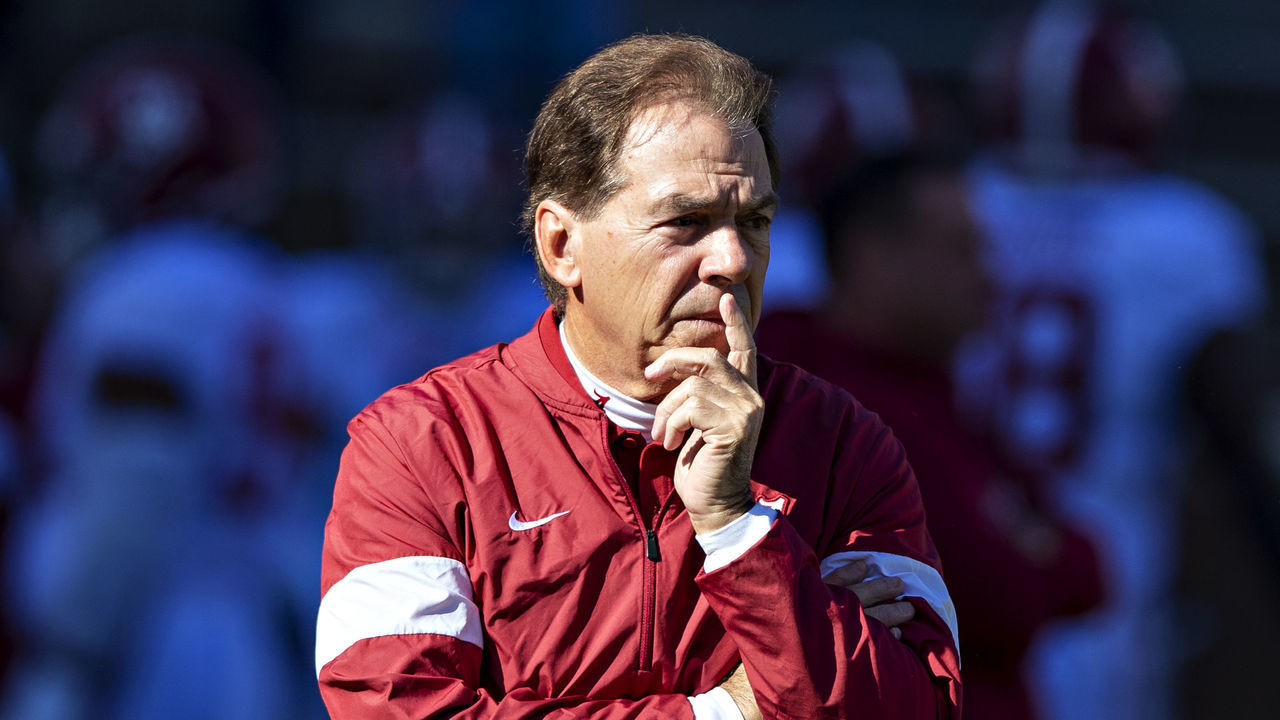FAYETTEVILLE, AR - NOVEMBER 9: Head Coach Nick Saban of the Alabama Crimson Tide on the field watching his team warm up before a game against the Mississippi State Bulldogs at Davis Wade Stadium on November 16, 2019 in Starkville, Mississippi. The Crimson Tide defeated the Bulldogs 38-7.