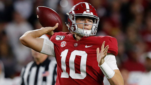 TUSCALOOSA, ALABAMA - OCTOBER 26: Mac Jones #10 of the Alabama Crimson Tide looks to pass against the Arkansas Razorbacks in the first half at Bryant-Denny Stadium on October 26, 2019 in Tuscaloosa, Alabama.