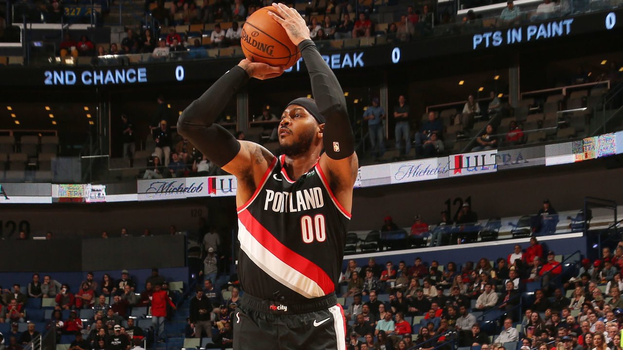 NEW ORLEANS, LA - NOVEMBER 19: Carmelo Anthony #00 of the Portland Trail Blazers shoots a three-pointer against the New Orleans Pelicans on November 19, 2019 at Smoothie King Center in New Orleans, Louisiana. NOTE TO USER: User expressly acknowledges and agrees that, by downloading and/or using this photograph, User is consenting to the terms and conditions of the Getty Images License Agreement. Mandatory Copyright Notice: Copyright 2019 NBAE