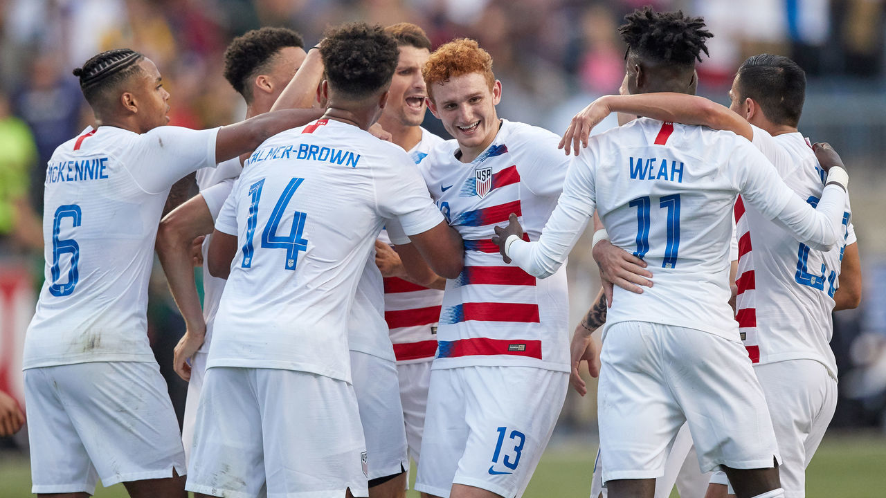 CHESTER, PA - MAY 28: United States defender Walker Zimmerman (4) celebrates his first half goal with United States forward Josh Sargent (13), United States midfielder Tim Weah (11) and teammates during the international friendly match between the United States and Bolivia at the Talen Energy Stadium on May 28, 2018 in Chester, Pennsylvania.