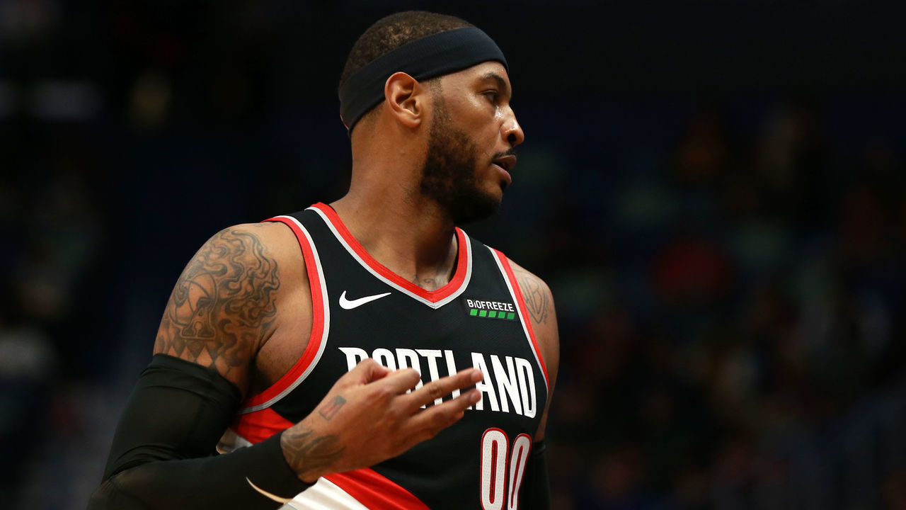 NEW ORLEANS, LOUISIANA - NOVEMBER 19: Carmelo Anthony #00 of the Portland Trail Blazers reacts after scoring on a three-point basket during a NBA game against the New Orleans Pelicans at the Smoothie King Center on November 19, 2019 in New Orleans, Louisiana.