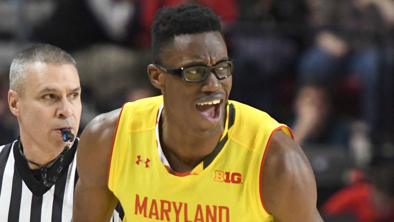 COLLEGE PARK, MD - MARCH 08: Jalen Smith #25 of the Maryland Terrapins runs up court during a college basketball game against the Maryland Terrapins at XFinity Center on March 8, 2019 in College Park, Maryland.
