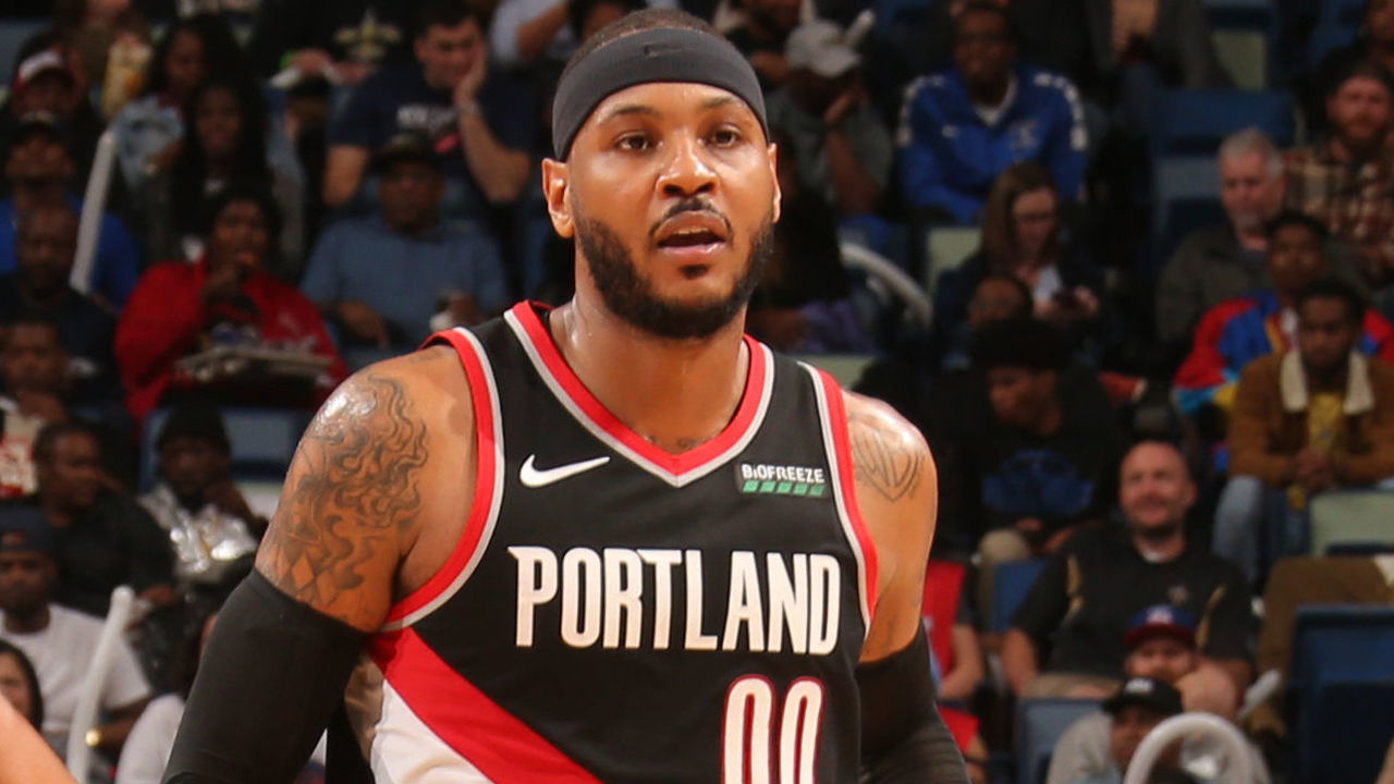NEW ORLEANS, LA - NOVEMBER 19: Carmelo Anthony #00 of the Portland Trail Blazers high-fives his teammates during a game against the New Orleans Pelicans on November 19, 2019 at Smoothie King Center in New Orleans, Louisiana. NOTE TO USER: User expressly acknowledges and agrees that, by downloading and/or using this photograph, User is consenting to the terms and conditions of the Getty Images License Agreement. Mandatory Copyright Notice: Copyright 2019 NBAE