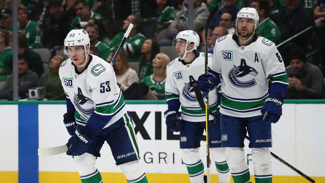 DALLAS, TEXAS - NOVEMBER 19: Bo Horvat #53 of the Vancouver Canucks scores a goal against the Dallas Stars in the second period at American Airlines Center on November 19, 2019 in Dallas, Texas.