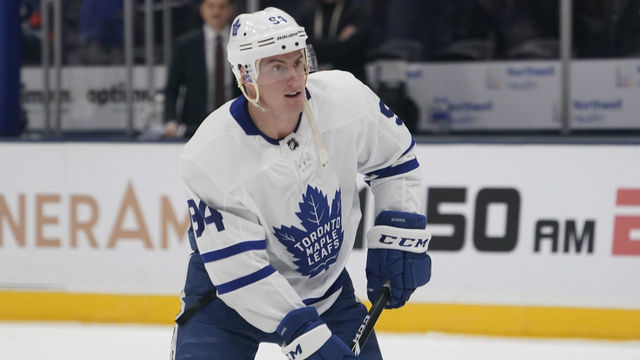 UNIONDALE, NY - NOVEMBER 13: Toronto Maple Leafs Defenceman Tyson Barrie (94) prior to the National Hockey League game between the Toronto Maple Leafs and the New York Islanders on November 13, 2019, at the Nassau Veterans Memorial Coliseum in Uniondale, NY.