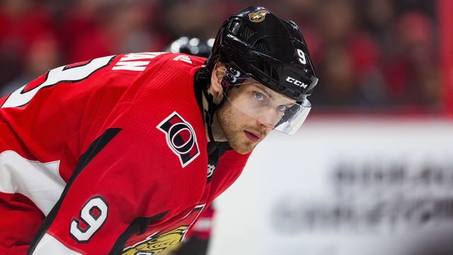 OTTAWA, ON - APRIL 06: Ottawa Senators Right Wing Bobby Ryan (9) prepares for a face-off during third period National Hockey League action between the Columbus Blue Jackets and Ottawa Senators on April 6, 2019, at Canadian Tire Centre in Ottawa, ON, Canada.