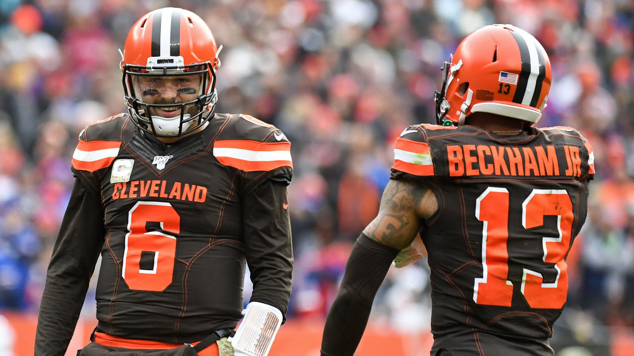 CLEVELAND, OH - NOVEMBER 10, 2019: Quarterback Baker Mayfield #6 of the Cleveland Browns talks with wide receiver Odell Beckham Jr. #13 in the first quarter of a game against the Buffalo Bills on November 10, 2019 at FirstEnergy Stadium in Cleveland, Ohio. Cleveland won 19-16. (Photo by: 2019 Nick Cammett/Diamond Images via Getty Images)