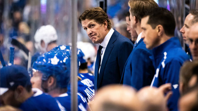 TORONTO, ON - OCTOBER 7: Toronto Maple Leafs head coach Mike Babcock looks on against the St. Louis Blues during the first period at the Scotiabank Arena on October 7, 2019 in Toronto, Ontario, Canada.