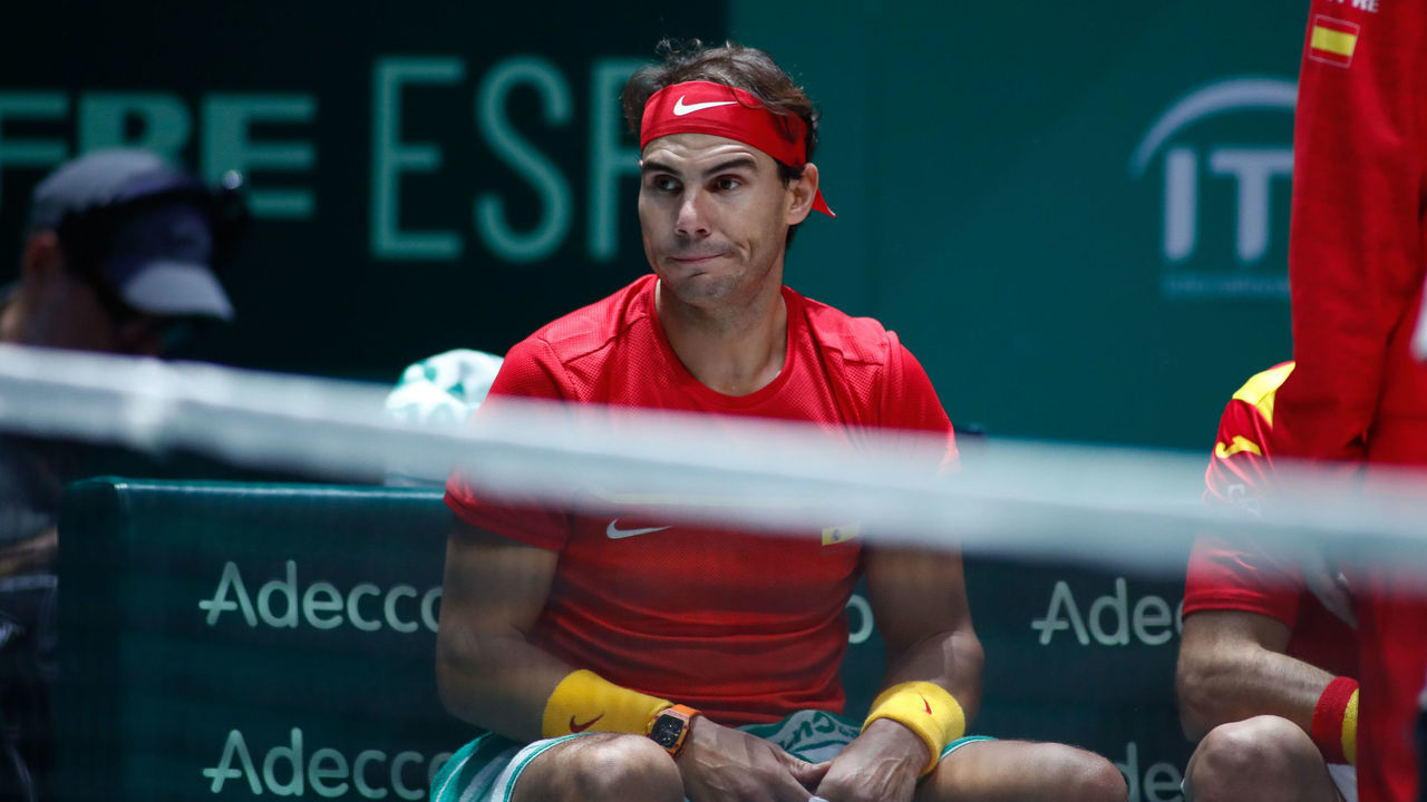 MADRID, SPAIN - NOVEMBER 20: Rafael Nadal of Spain looks on during his doubles match played with Marcel Granollers against Ivan Dodig and Mate Pavic of Croatia during the Day 3 of the 2019 Davis Cup at La Caja Magica on November 20, 2019 in Madrid, Spain.