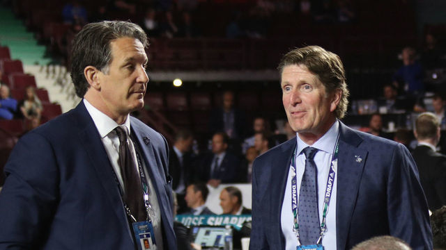 VANCOUVER, BRITISH COLUMBIA - JUNE 22: Brendan Shanahan and Mike Babcock attend the 2019 NHL Draft at the Rogers Arena on June 22, 2019 in Vancouver, Canada.