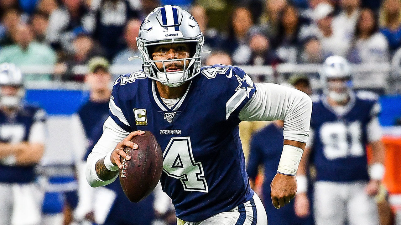 DETROIT, MI - NOVEMBER 17: Dallas Cowboys quarterback Dak Prescott (4) scrambles during the Detroit Lions versus Dallas Cowboys game on Sunday November 17, 2019 at Ford Field in Detroit, MI.